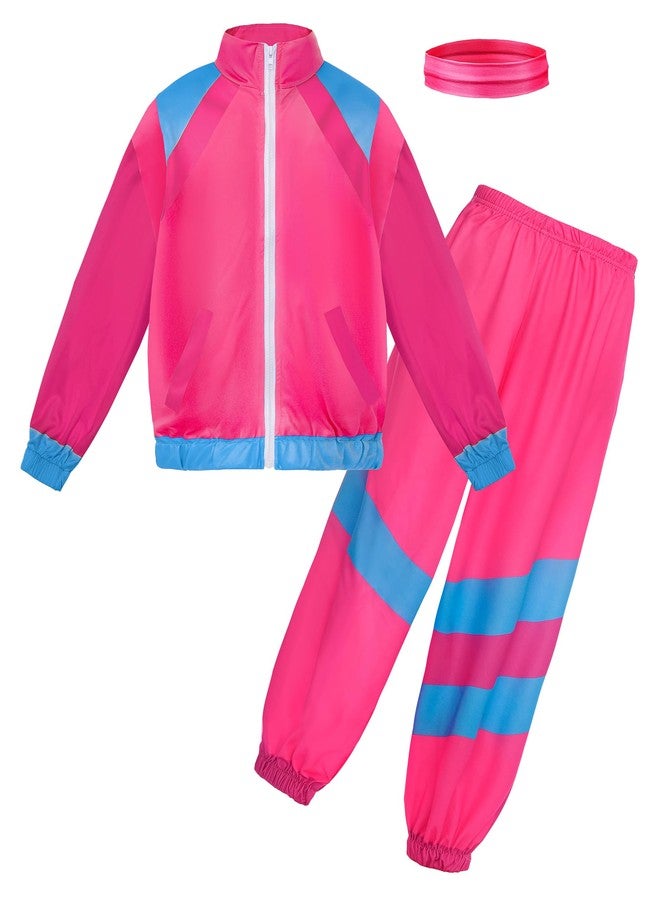 JerrisApparel Boys Girls 80s 90s Neon Tracksuit Kids Hip Hop Costume Retro Dance Sportswear Top Pants Sets Outfit (Pink, Medium/8-10 Years) - Image 1